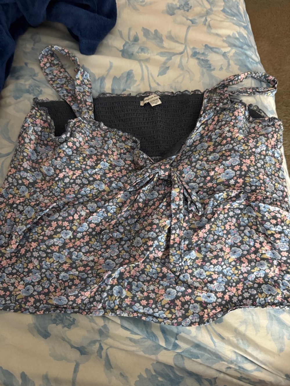 Floral Tie-Front Women’s Tank Top in Navy and Pastel